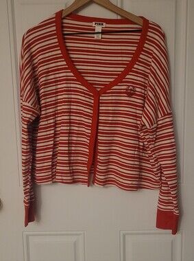 Pink Victoria's Secret Size Large Striped Cardigan Red & White